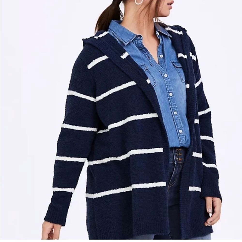 Torrid Nwt Blue Stripe Fuzzy Open Front Hooded Cardigan Size 1 (14/16)